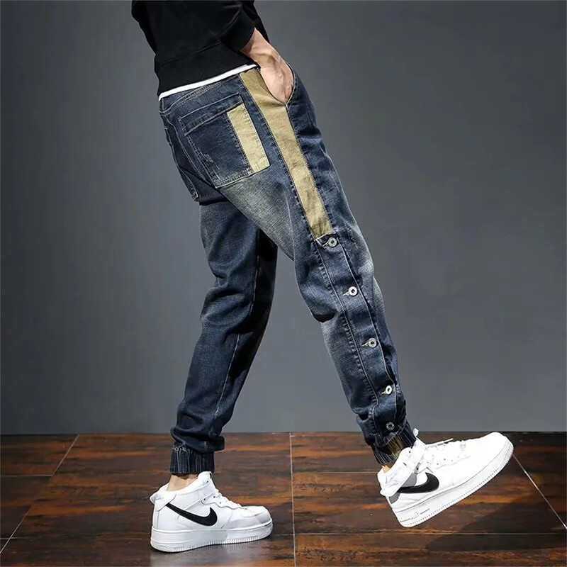 Pantaloni de blugi harem de modă coreeană pentru bărbați, pantaloni elastici, subțiri, cu șnur, ocazional, pentru jogging, creion, pantaloni din denim, îmbrăcăminte de stradă hip hop pentru bărbați.
