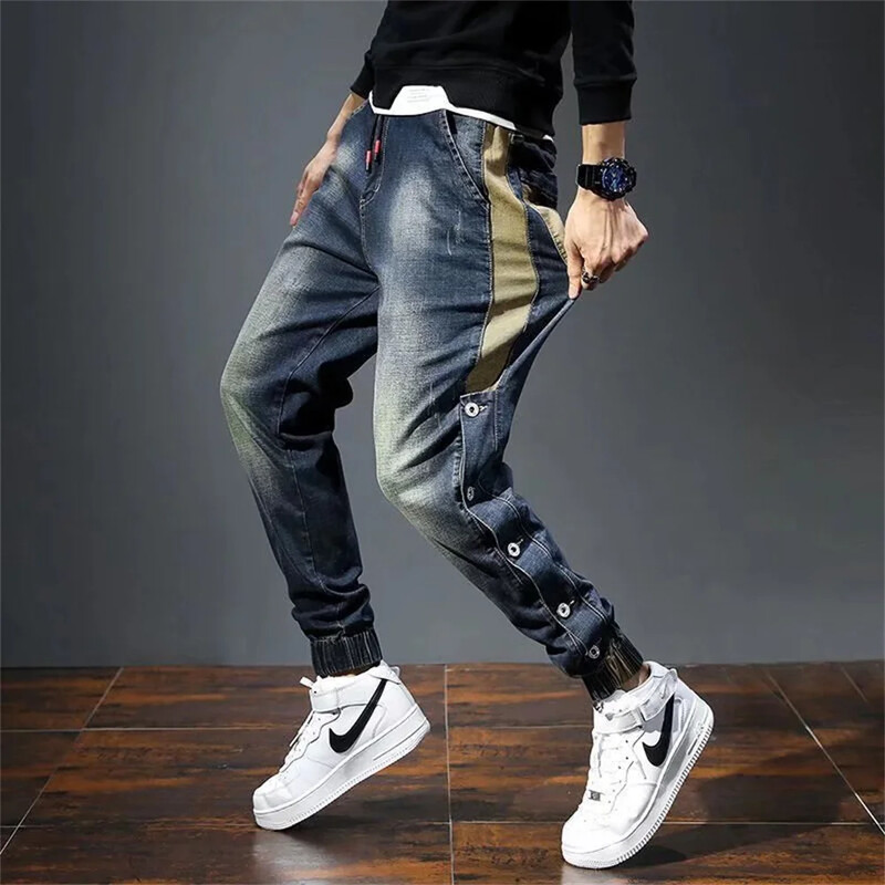 Pantaloni de blugi harem de modă coreeană pentru bărbați, pantaloni elastici, subțiri, cu șnur, ocazional, pentru jogging, creion, pantaloni din denim, îmbrăcăminte de stradă hip hop pentru bărbați.