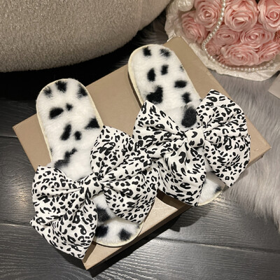 Zimske ženske tople i lepršave kućne papuče s leopard printom i mašnom ukrašene krznenim pamukom