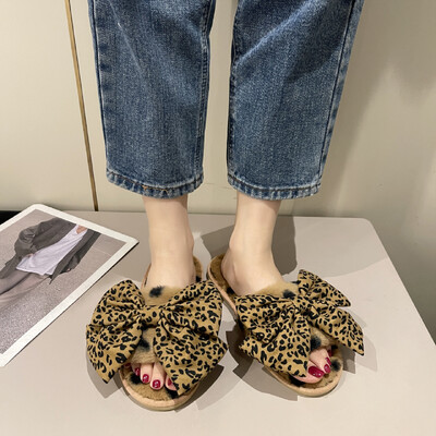 Zimske ženske tople i lepršave kućne papuče s leopard printom i mašnom ukrašene krznenim pamukom