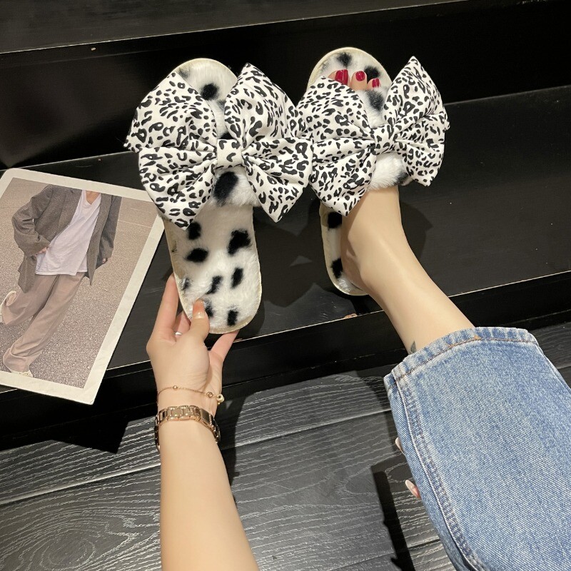 Zimske ženske tople i lepršave kućne papuče s leopard printom i mašnom ukrašene krznenim pamukom