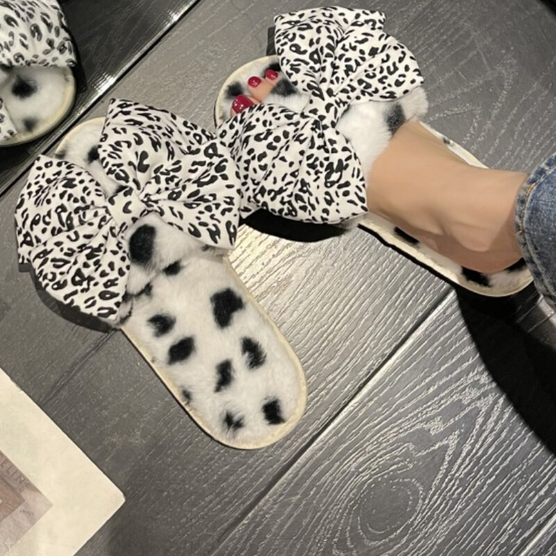 Zimske ženske tople i lepršave kućne papuče s leopard printom i mašnom ukrašene krznenim pamukom
