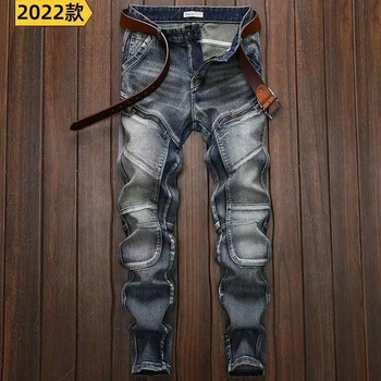 New Spring Autumn Wash Denim Κορεατικού στυλ Μπλε σχεδιαστής καουμπόη ποδηλασίας μοτοσυκλέτα Splice Vintage Cargo Strech Παντελόνι Jean