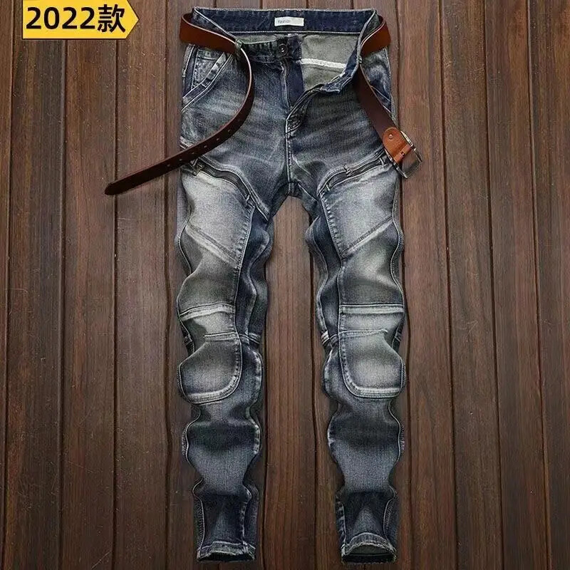 Nove proljetne jesenske isprane traperice u korejskom stilu plave dizajnerske kaubojske biciklističke motociklističke spojene vintage cargo rastezljive jeans hlače