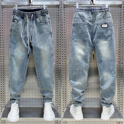 Moda coreeană Streetwear brand de lux pentru bărbați cu șnur casual blugi largi din denim pentru primăvară și toamnă, eleganti, pantaloni cargo bărbați