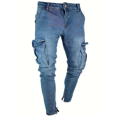 Street Elastic Jeans Ανδρικό τζιν παντελόνι Cargo Μονόχρωμο με πολλές τσέπες Κάτω φερμουάρ Casual Παντελόνι Slim Fit Daily Wear Joggers