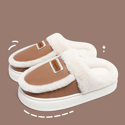 Ziemas mājsaimniecības čības Sieviešu modes Ādas plīša izšūšanas platformas čības iekštelpu vilnas siltas čības Mājas kokvilnas apavi