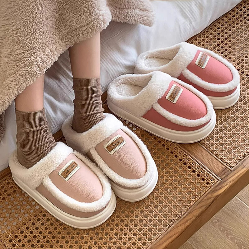 Ziemas mājsaimniecības čības Sieviešu modes Ādas plīša izšūšanas platformas čības iekštelpu vilnas siltas čības Mājas kokvilnas apavi
