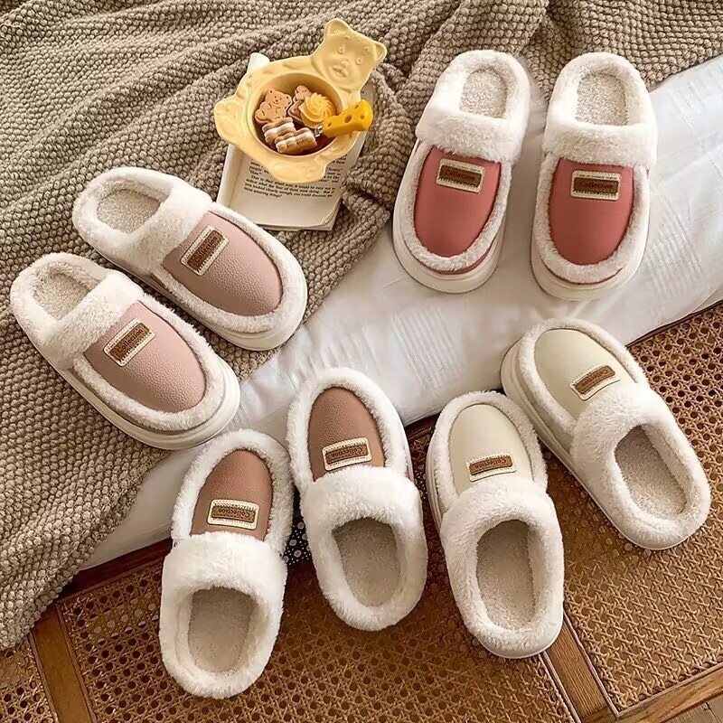 Ziemas mājsaimniecības čības Sieviešu modes Ādas plīša izšūšanas platformas čības iekštelpu vilnas siltas čības Mājas kokvilnas apavi