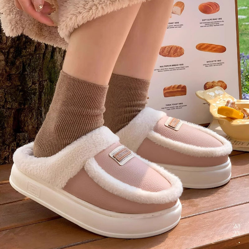 Ziemas mājsaimniecības čības Sieviešu modes Ādas plīša izšūšanas platformas čības iekštelpu vilnas siltas čības Mājas kokvilnas apavi