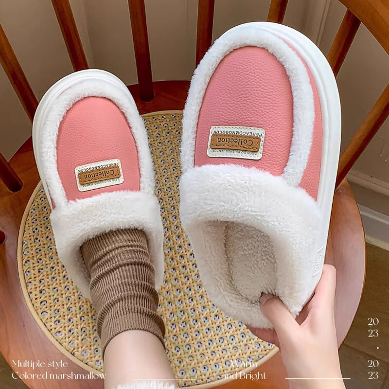 Ziemas mājsaimniecības čības Sieviešu modes Ādas plīša izšūšanas platformas čības iekštelpu vilnas siltas čības Mājas kokvilnas apavi