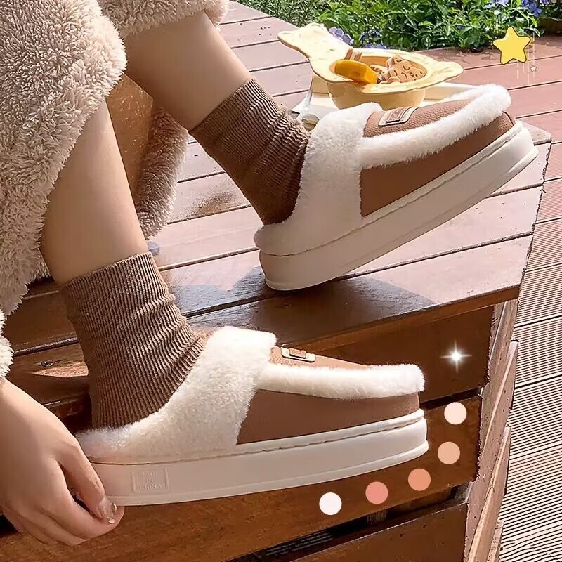 Ziemas mājsaimniecības čības Sieviešu modes Ādas plīša izšūšanas platformas čības iekštelpu vilnas siltas čības Mājas kokvilnas apavi