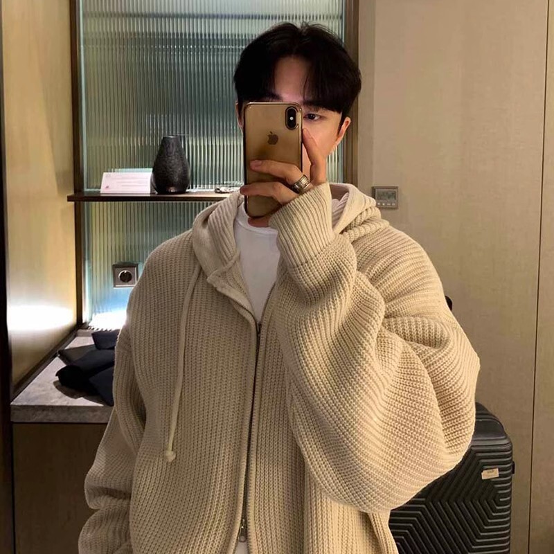 Ziemas apģērbs Vīriešu luksusa trikotāžas ar kapuci ar rāvējslēdzēju jaciņa Džemperis ar garām piedurknēm vienkrāsains kapucis Korejiešu populārs trikotāža
