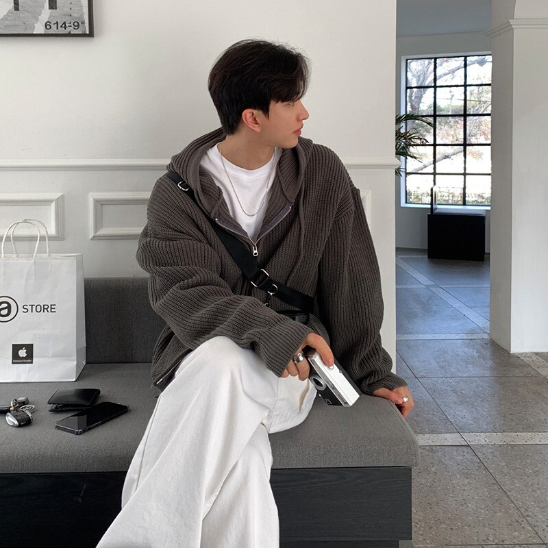 Ziemas apģērbs Vīriešu luksusa trikotāžas ar kapuci ar rāvējslēdzēju jaciņa Džemperis ar garām piedurknēm vienkrāsains kapucis Korejiešu populārs trikotāža