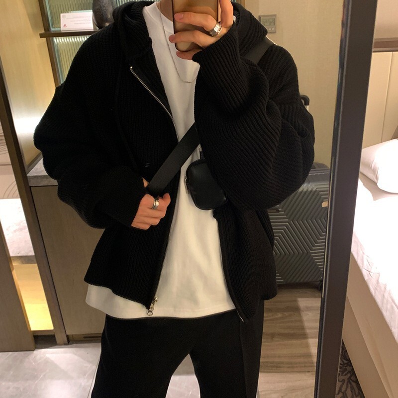 Ziemas apģērbs Vīriešu luksusa trikotāžas ar kapuci ar rāvējslēdzēju jaciņa Džemperis ar garām piedurknēm vienkrāsains kapucis Korejiešu populārs trikotāža