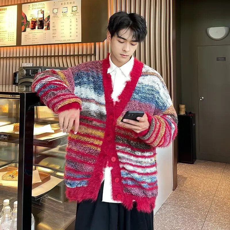 Ziemas neregulāri trikotāžas džemperi Vīriešu brīvi svītru jaciņa Krāsa Block Lielizmēra džemperis Sieviete Y2K Harajuku Trikotāžas Mēteļi Topi