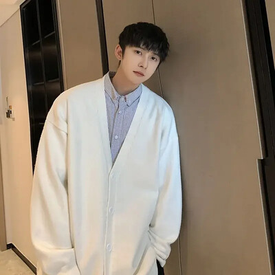 Kootud kampsunid Meestele Ühevärvilised Valged Meeste Riided Mantel Tavaline Jakk Kardigan X Korea 2024 Sügis Elegant Mugav SA