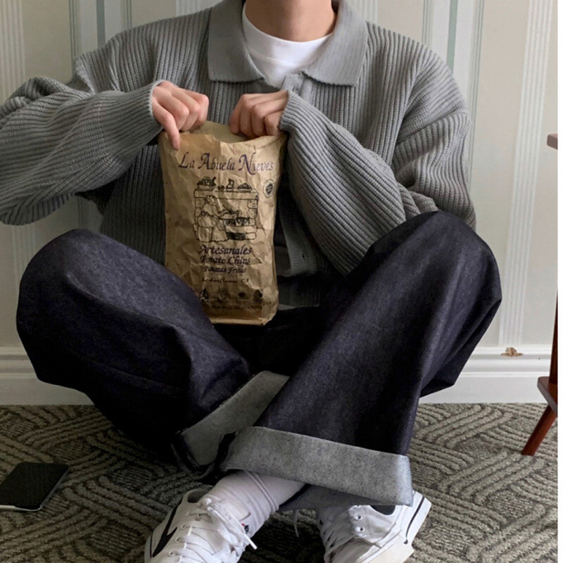 IEFB korejiešu stila vīriešu trikotāžas jaciņa mētelis vienkrāsains nolaižama apkakle Rudens džemperis Modes ikdienas tops ar vienrindu 9C2393