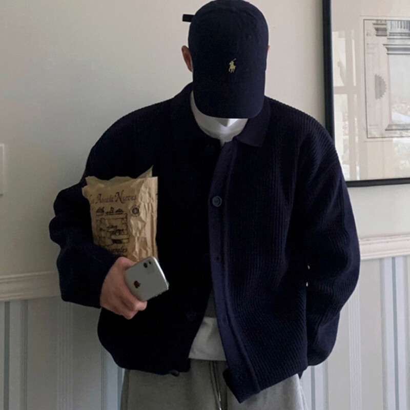 IEFB korejiešu stila vīriešu trikotāžas jaciņa mētelis vienkrāsains nolaižama apkakle Rudens džemperis Modes ikdienas tops ar vienrindu 9C2393