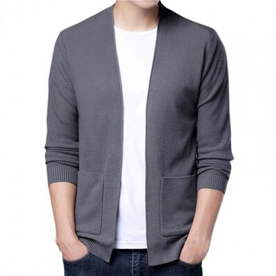 Ziemas rudens vīriešu jaka, brīvi pieguļošs vienkrāsains mētelis ar garām piedurknēm rievojumu apakšmala jaciņa biznesa adītam virsdrēbim