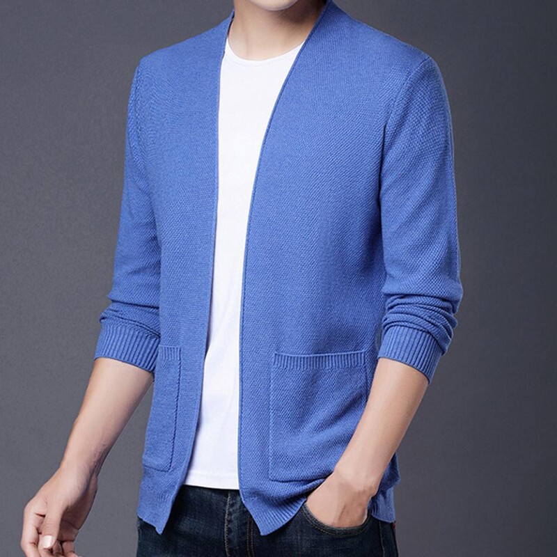 Ziemas rudens vīriešu jaka, brīvi pieguļošs vienkrāsains mētelis ar garām piedurknēm rievojumu apakšmala jaciņa biznesa adītam virsdrēbim