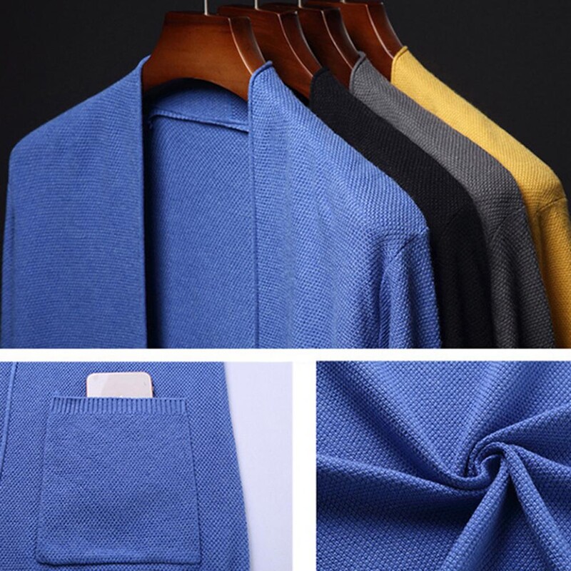 Ziemas rudens vīriešu jaka, brīvi pieguļošs vienkrāsains mētelis ar garām piedurknēm rievojumu apakšmala jaciņa biznesa adītam virsdrēbim