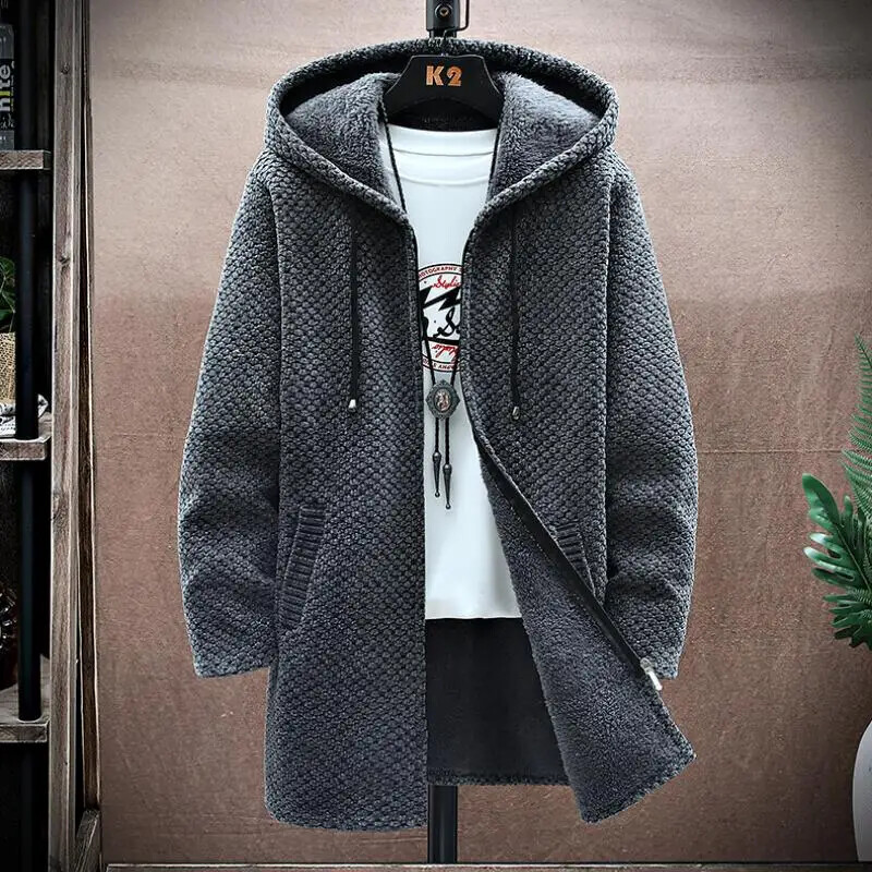Muški kardigan, dugi kaput od kašmira, veste s kapuljačama, jesen, zima, novi topli jednobojni džemper od flisa, kaput, vjetrovka, muška odjeća