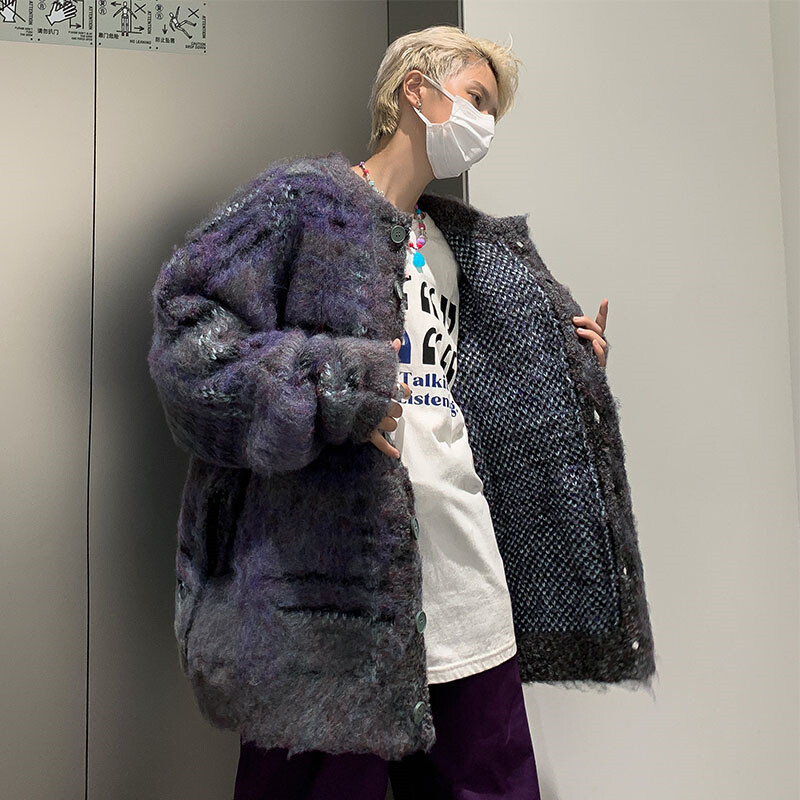 Rudens korejiešu modes svītrains jakas džemperis vīriešiem Vintage ikdienišķs pogas trikotāžas izstrādājumi High Street Baggy Y2K džemperi jaka