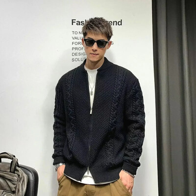 Pleteni džemperi za muškarce Kaput Crna muška odjeća s patentnim zatvaračem Obični kardigan Jakna Jednobojna jakna s patentnim zatvaračem S Pletiva u korejskom stilu A