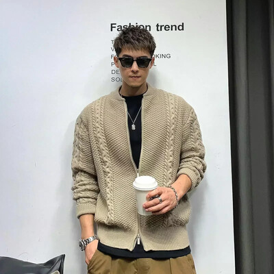 Pleteni džemperi za muškarce Kaput Crna muška odjeća s patentnim zatvaračem Obični kardigan Jakna Jednobojna jakna s patentnim zatvaračem S Pletiva u korejskom stilu A