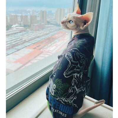 Karikatūras kokvilnas dinozauru T-krekls sfinksai kaķim pavasara vasara mīksta zila bezpiedurkņu veste vīriešu kaķa elestisks kombinezons kaķēniem