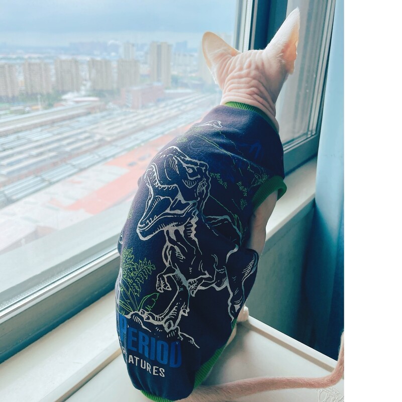 Karikatūras kokvilnas dinozauru T-krekls sfinksai kaķim pavasara vasara mīksta zila bezpiedurkņu veste vīriešu kaķa elestisks kombinezons kaķēniem