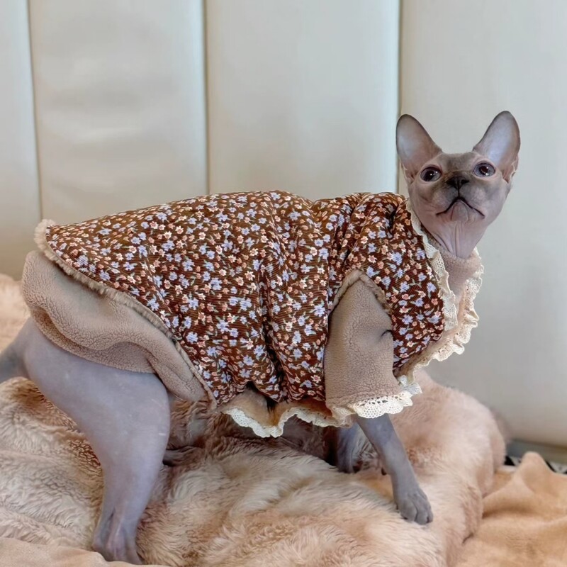 Haki krāsas flīsa mētelis kaķim Ziemas silts Mežģīņu ziedu džemperis ar garām piedurknēm Sfinksa kaķim Salds mīksts apakšmētelis kaķēniem suņiem