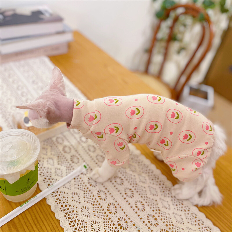 Apģērbs kaķim pavasarī Rozā tulpju kokvilnas mētelis Sfinksas kaķim Ziemas apakškrekls kaķēniem 4 kāju atpūtas apģērbs Kaķu kostīmi