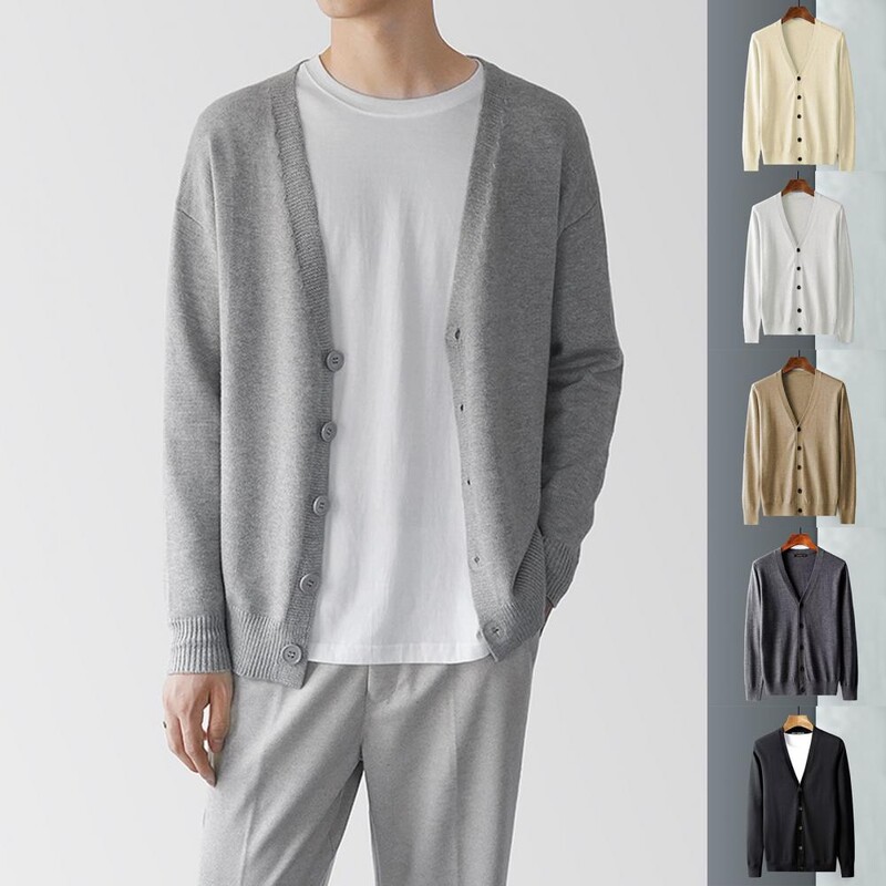 Vīriešu jaka ar garām piedurknēm V-veida kakla izgriezums, vienrindas vienkrāsains, silts trikotāža Pavasaris rudens vīriešu džemperis trikotāžas mētelis