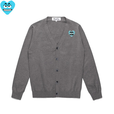 Break Egg Vīriešu jaka, kokvilnas karikatūra, jauka, sirds izšuvums ar V veida kakla izgriezumu, ar vienrindu garām piedurknēm, rudens džemperis