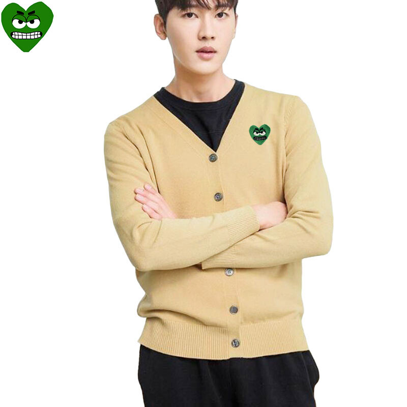 Break Egg Vīriešu jaka, kokvilnas karikatūra, jauka, sirds izšuvums ar V veida kakla izgriezumu, ar vienrindu garām piedurknēm, rudens džemperis