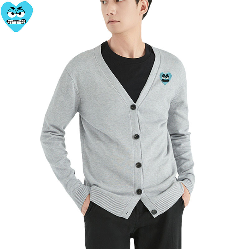 Break Egg Vīriešu jaka, kokvilnas karikatūra, jauka, sirds izšuvums ar V veida kakla izgriezumu, ar vienrindu garām piedurknēm, rudens džemperis