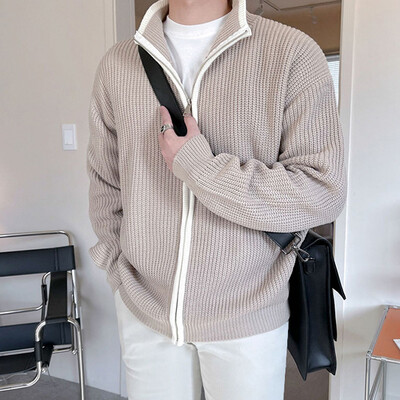 Ziemas vīriešu luksusa trikotāžas rāvējslēdzējs jaciņa džemperis, statīvs apkakle vienkrāsains, garām piedurknēm, ikdienas ielas apģērbs, brīvs mētelis