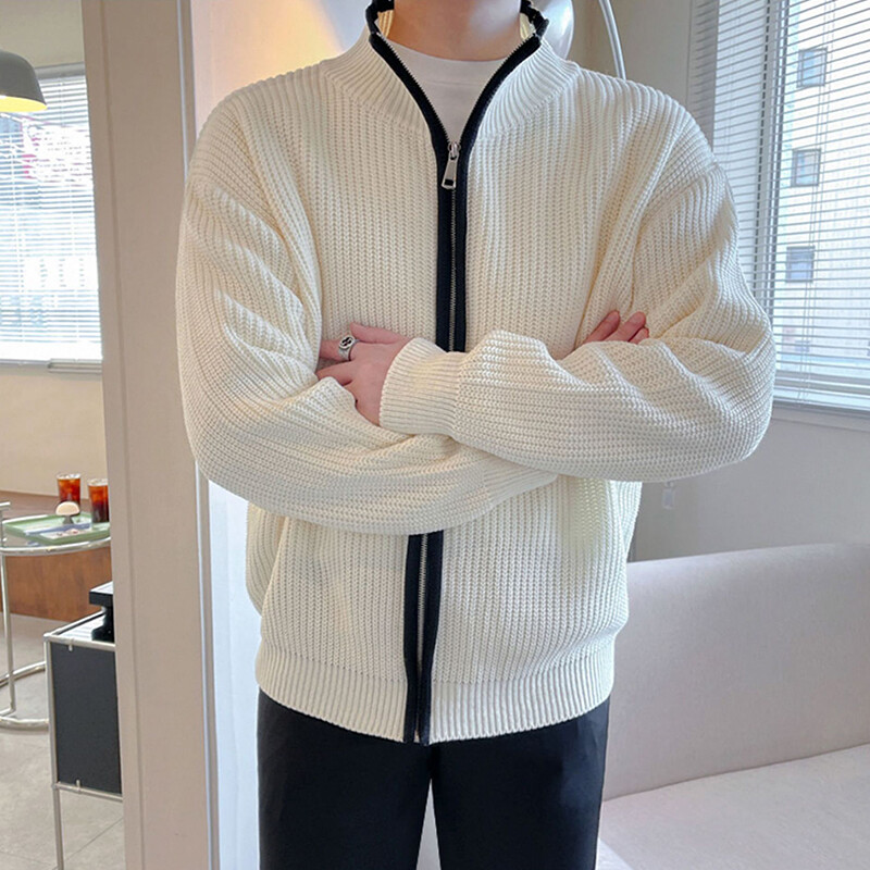 Ziemas vīriešu luksusa trikotāžas rāvējslēdzējs jaciņa džemperis, statīvs apkakle vienkrāsains, garām piedurknēm, ikdienas ielas apģērbs, brīvs mētelis