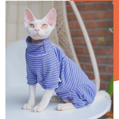sphnyx Cat Clothes Svītrains apakškrekls Garas piedurknes mājdzīvniekam Mīksts kokvilnas mētelis kaķēniem Suņiem 4 kāju kombinezons Devon Rex