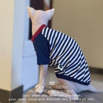 Svītrains kokvilnas krekls priekš Sphiynx Cat pavasara mētelis ar garām piedurknēm kaķēniem maziem suņiem Vasaras mīksts zils džemperis Devon Rex