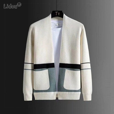 Patchwork Krāsu džemperi ar garām piedurknēm, slaidi, ērti ikdienišķi rudens ziema populāri vīriešu apģērbi 2022. g.