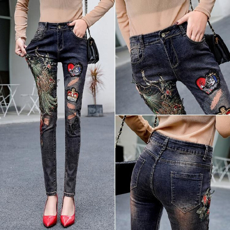 2024. gada jauni ķīniešu stila Fēniksa izšūti džinsi sievietēm, zīmuļu bikses ar augstu vidukli