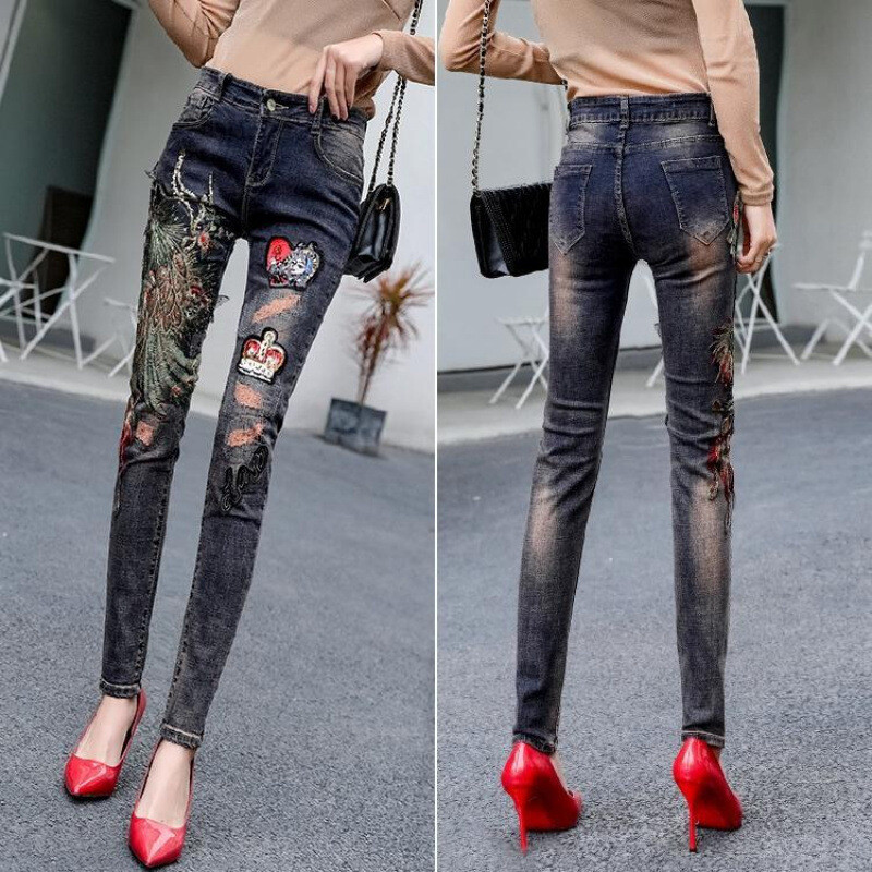 2024. gada jauni ķīniešu stila Fēniksa izšūti džinsi sievietēm, zīmuļu bikses ar augstu vidukli