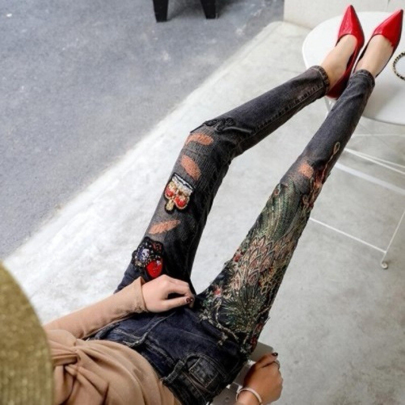 2024. gada jauni ķīniešu stila Fēniksa izšūti džinsi sievietēm, zīmuļu bikses ar augstu vidukli