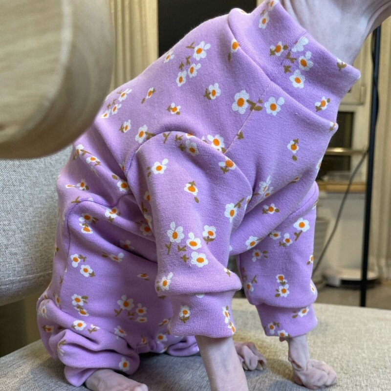Salopetă violet din bumbac floral pentru pisică fără păr haină caldă de iarnă pentru pisica Sphynx Hanorac moale de primăvară pentru pisici Costume de pisică