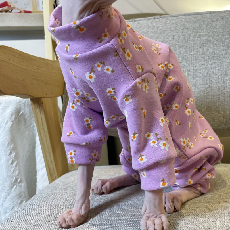 Salopetă violet din bumbac floral pentru pisică fără păr haină caldă de iarnă pentru pisica Sphynx Hanorac moale de primăvară pentru pisici Costume de pisică