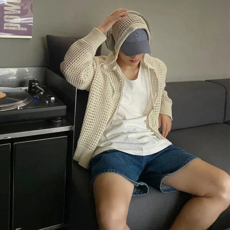 Vīriešu jaka ar izliektu kapuci pavasara/vasaras korejiešu vaļīgs tīklojums Trend Lazy Coat Ikdienas rāvējslēdzēja trikotāžas jaka High Streetwear