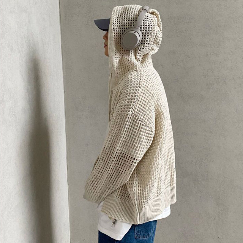 Vīriešu jaka ar izliektu kapuci pavasara/vasaras korejiešu vaļīgs tīklojums Trend Lazy Coat Ikdienas rāvējslēdzēja trikotāžas jaka High Streetwear